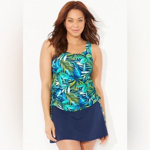 Swimsuits for all Side-Tie Adjustable Tankini Top Blue Green Tropical Pattern 24 - Picture 16 of 16